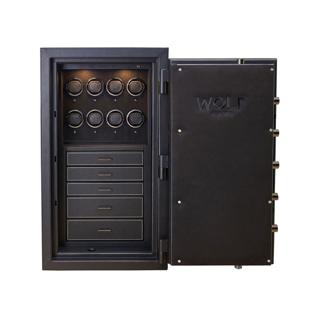 WOLF Athos 8 Piece Watch Winder Safe in Black, front view with the door open