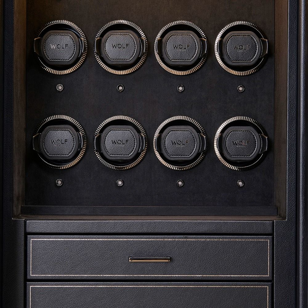 WOLF Athos 8 Piece Watch Winder Safe in Black, close-up of the watch winders and drawers