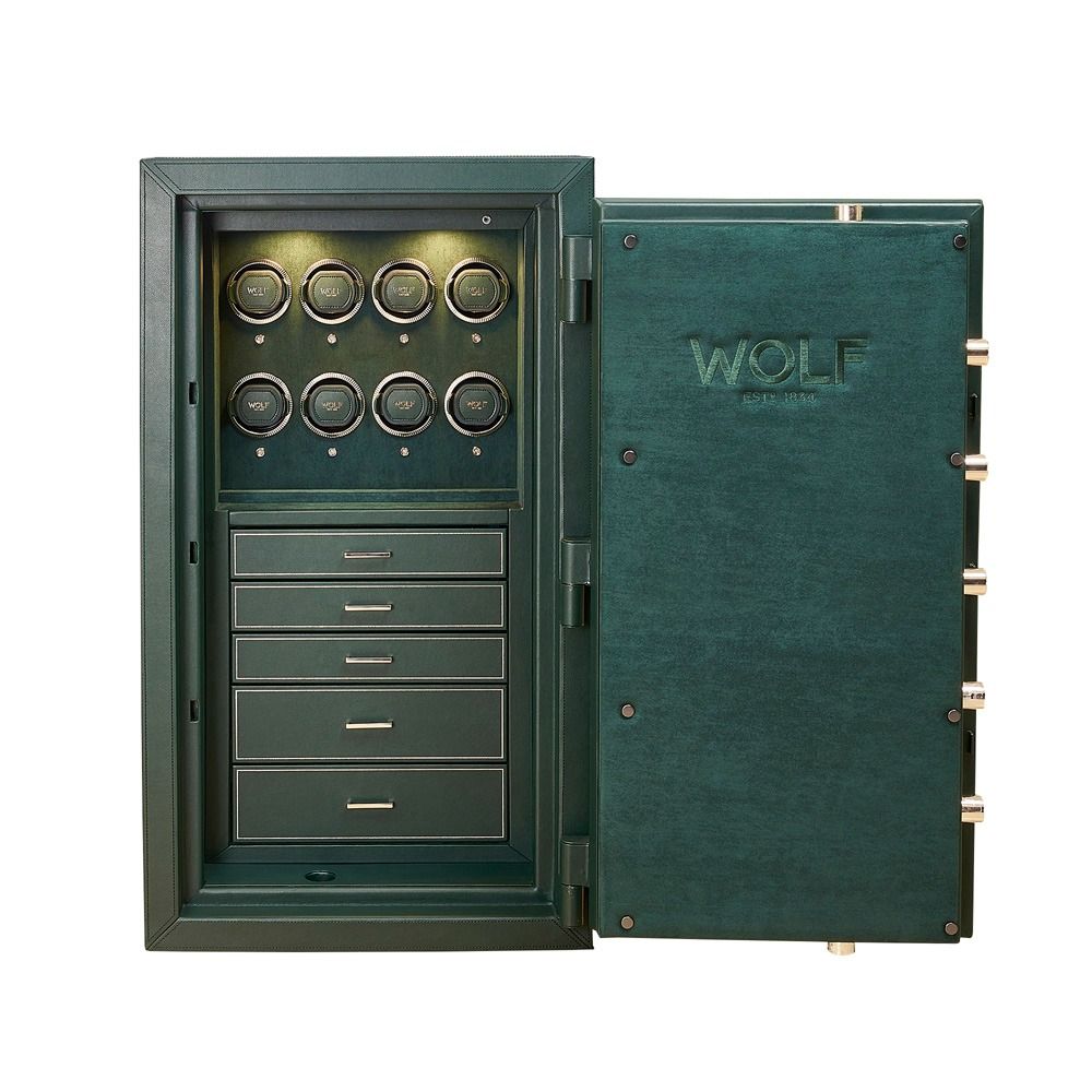 WOLF Athos 8 Piece Watch Winder Safe in Green, front view with the door open