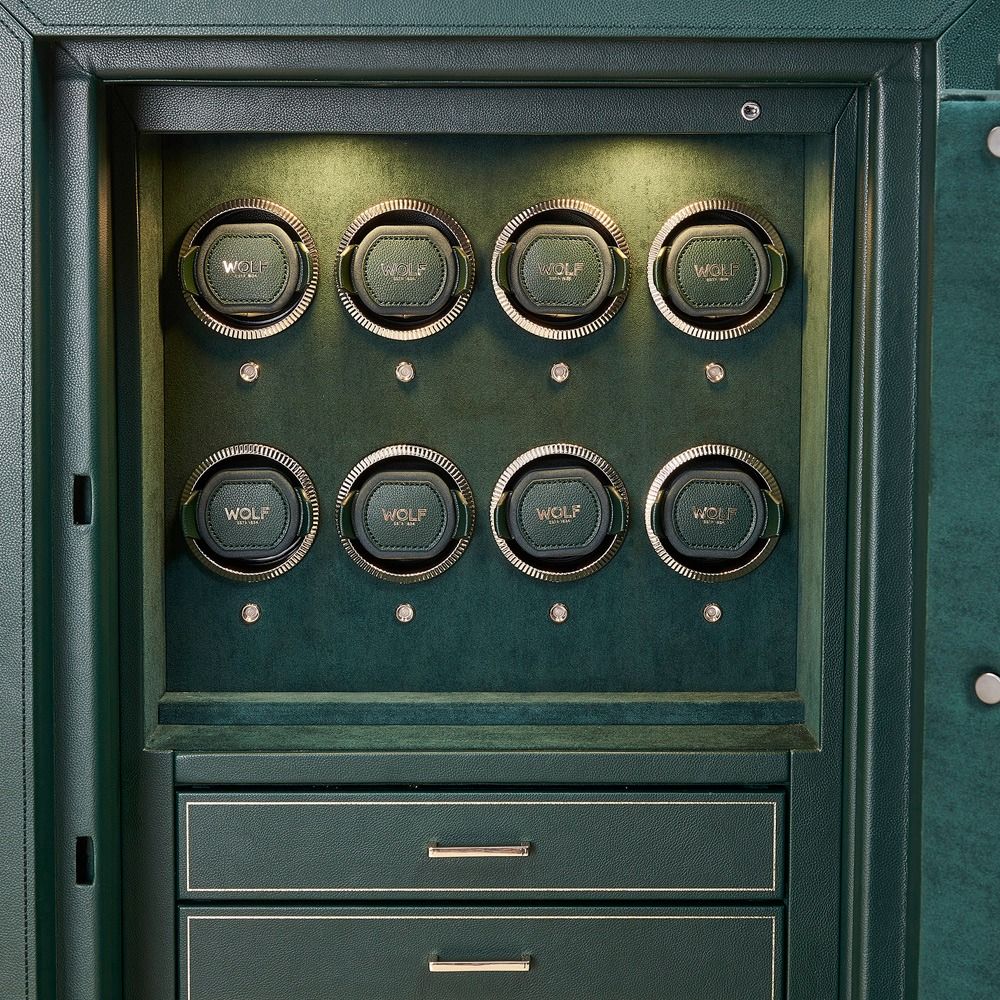 WOLF Athos 8 Piece Watch Winder Safe in Green, close-up of the watch winders and drawers