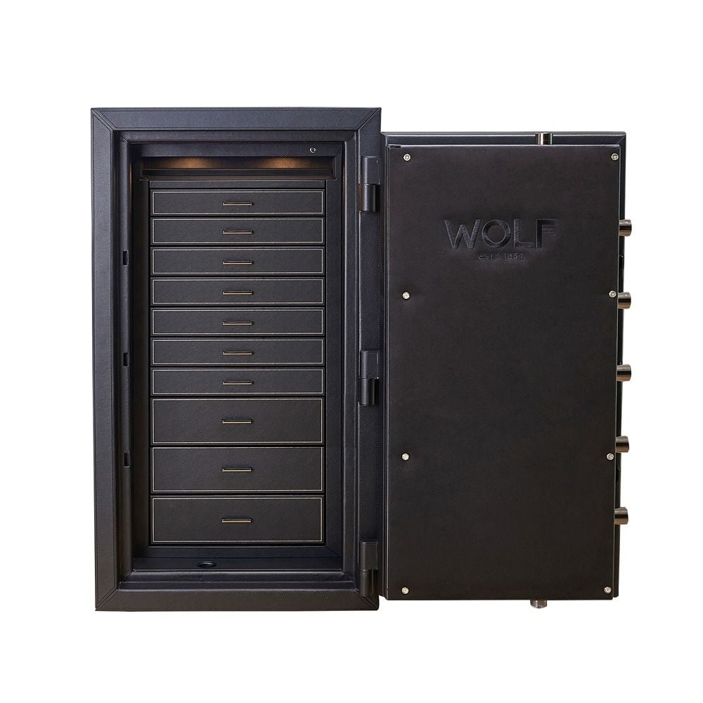 WOLF Athos Watch and Jewellery Safe in Black, front view with the door open