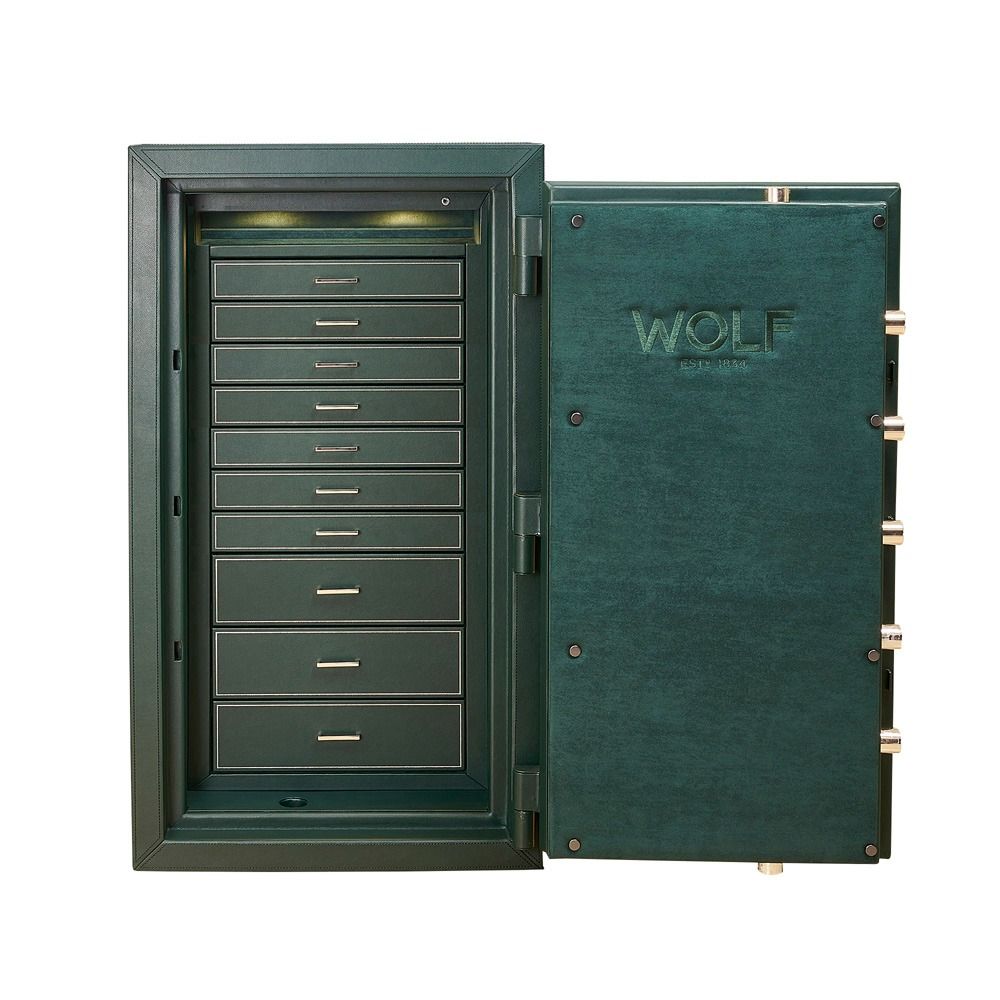WOLF Athos Watch and Jewellery Safe in Green, front view with the door open