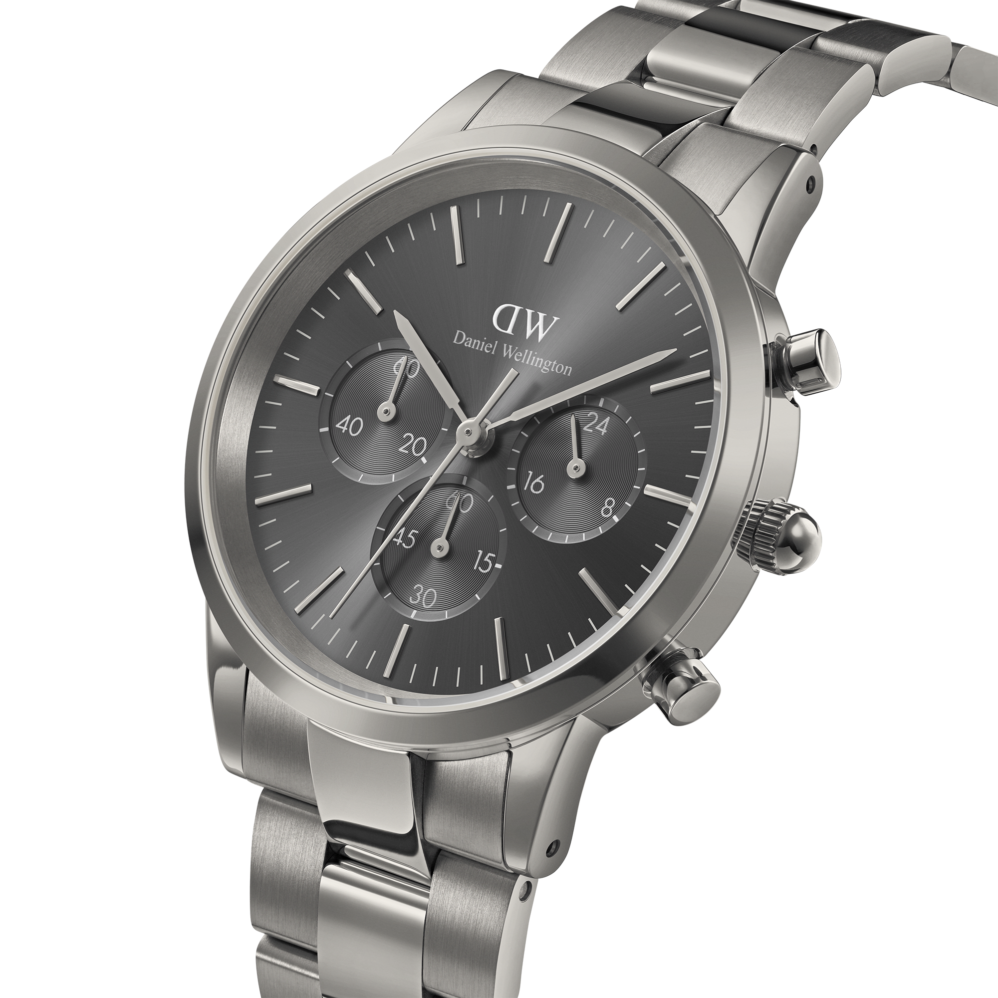 Stainless steel wristwatch with a dark gray dial and chronograph subdials.