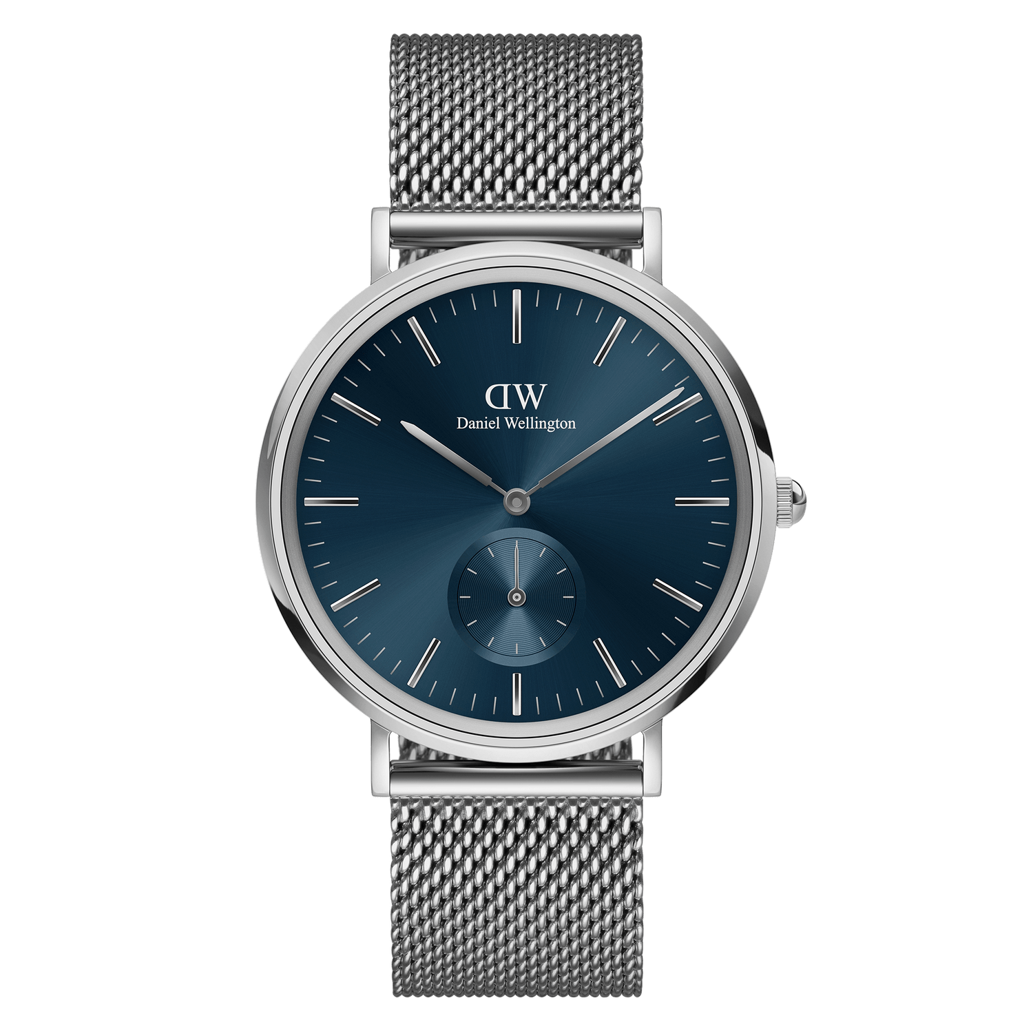Sleek silver wristwatch with a dark blue dial and mesh metal band.