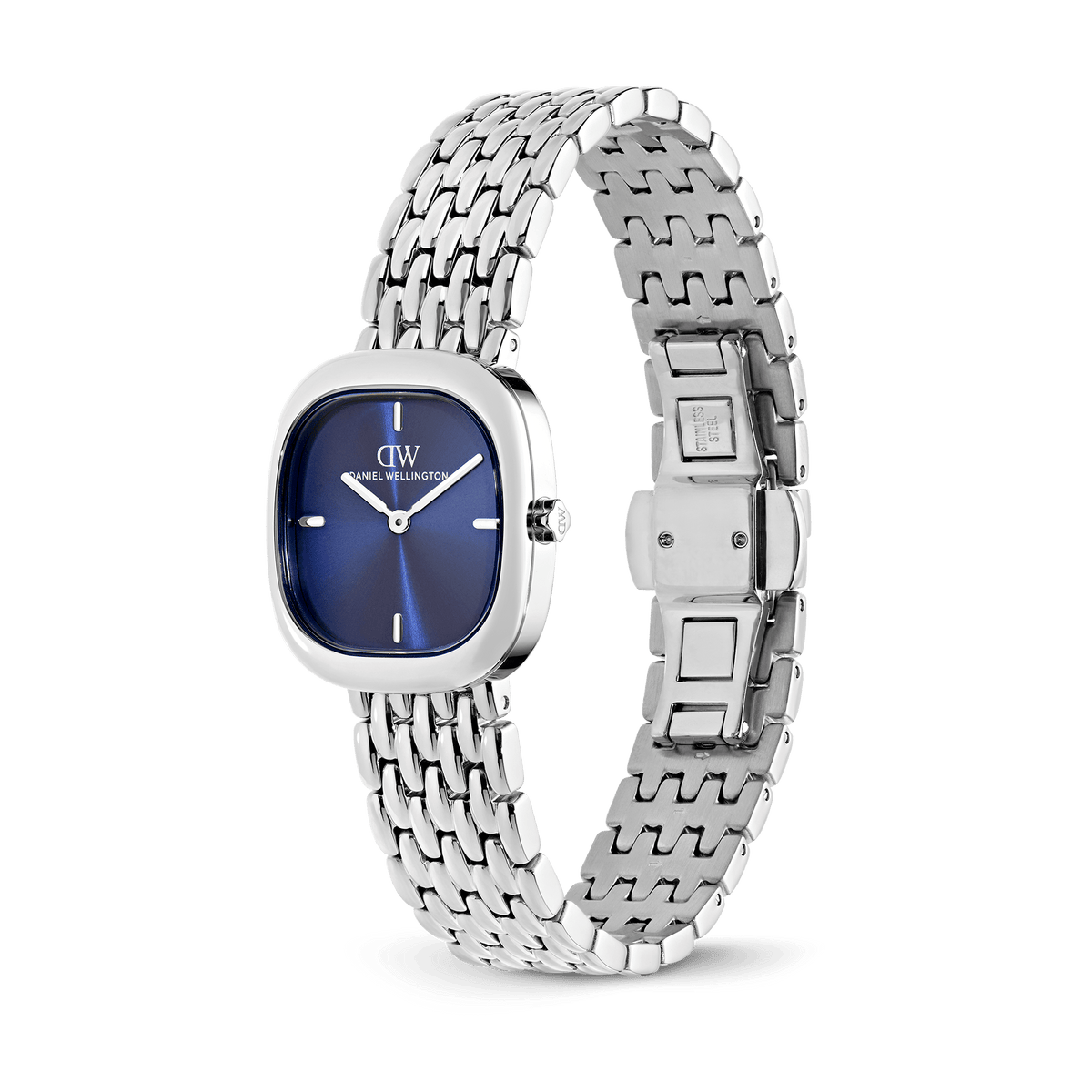 Daniel Wellington Corta Royal Blue Grain-Link Silver DW00100992 women's watch with blue sunray dial and silver link strap