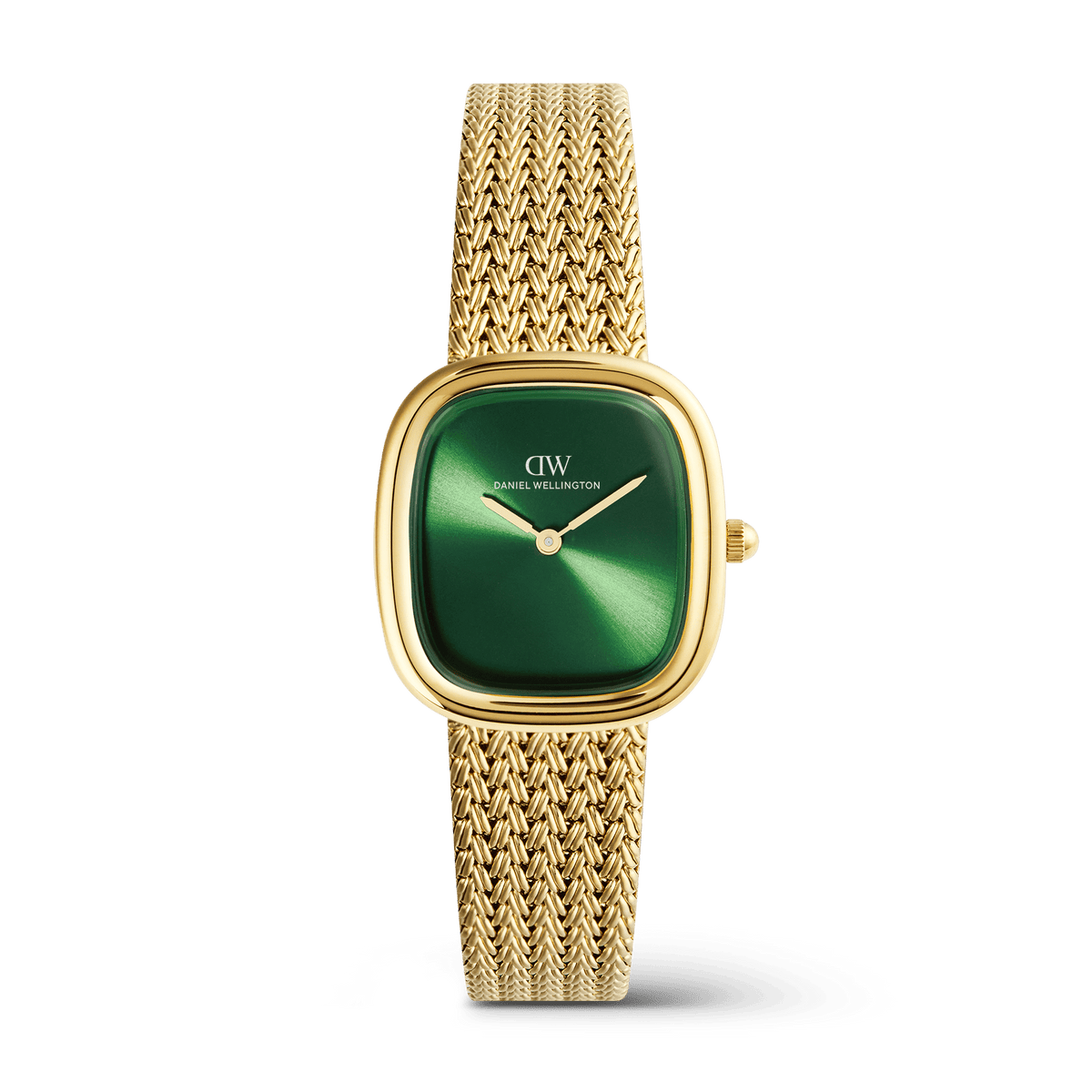 Daniel Wellington Margot Braided Mesh Emerald Gold DW00100967 women's watch with green sunray dial and gold mesh strap