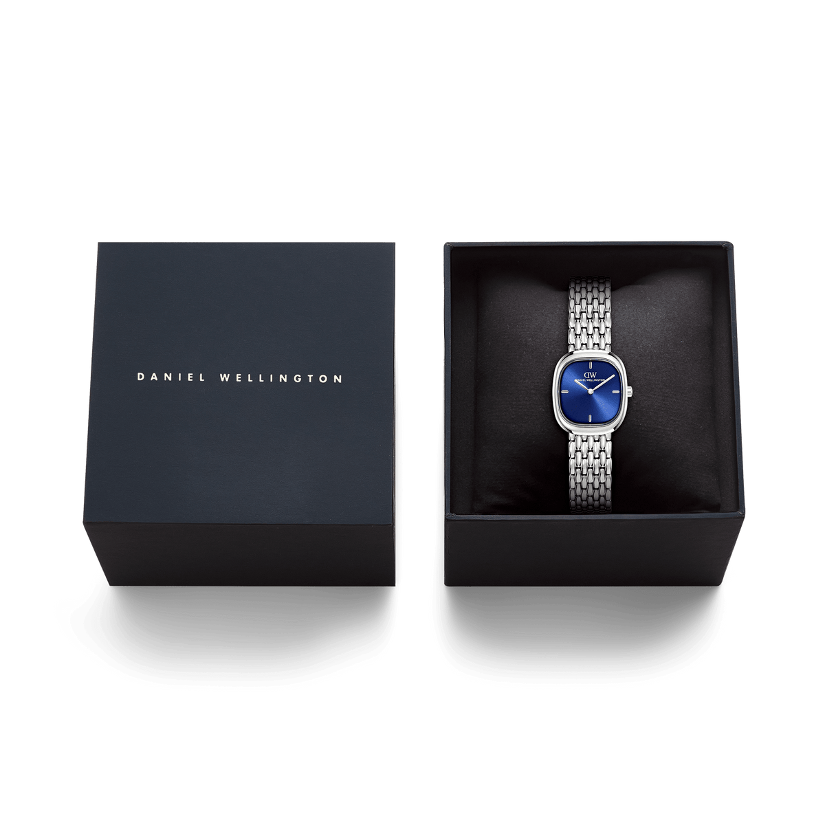 Daniel Wellington Corta Royal Blue Grain-Link Silver DW00100992 women's watch with blue sunray dial and silver link strap