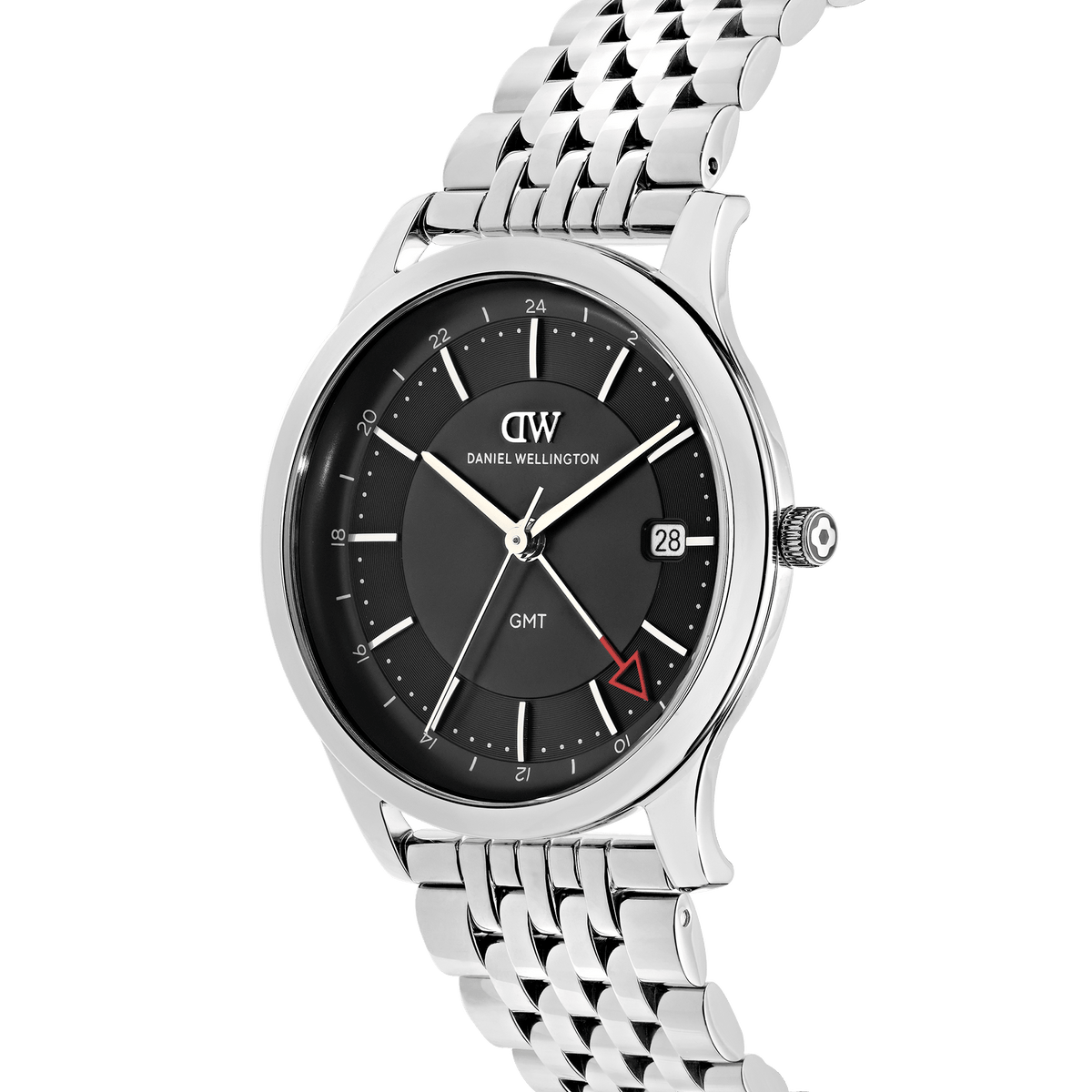 Daniel Wellington Pathfinder GMT 7-Link Black Silver DW00100978 men's watch with black sunray dial and silver link strap
