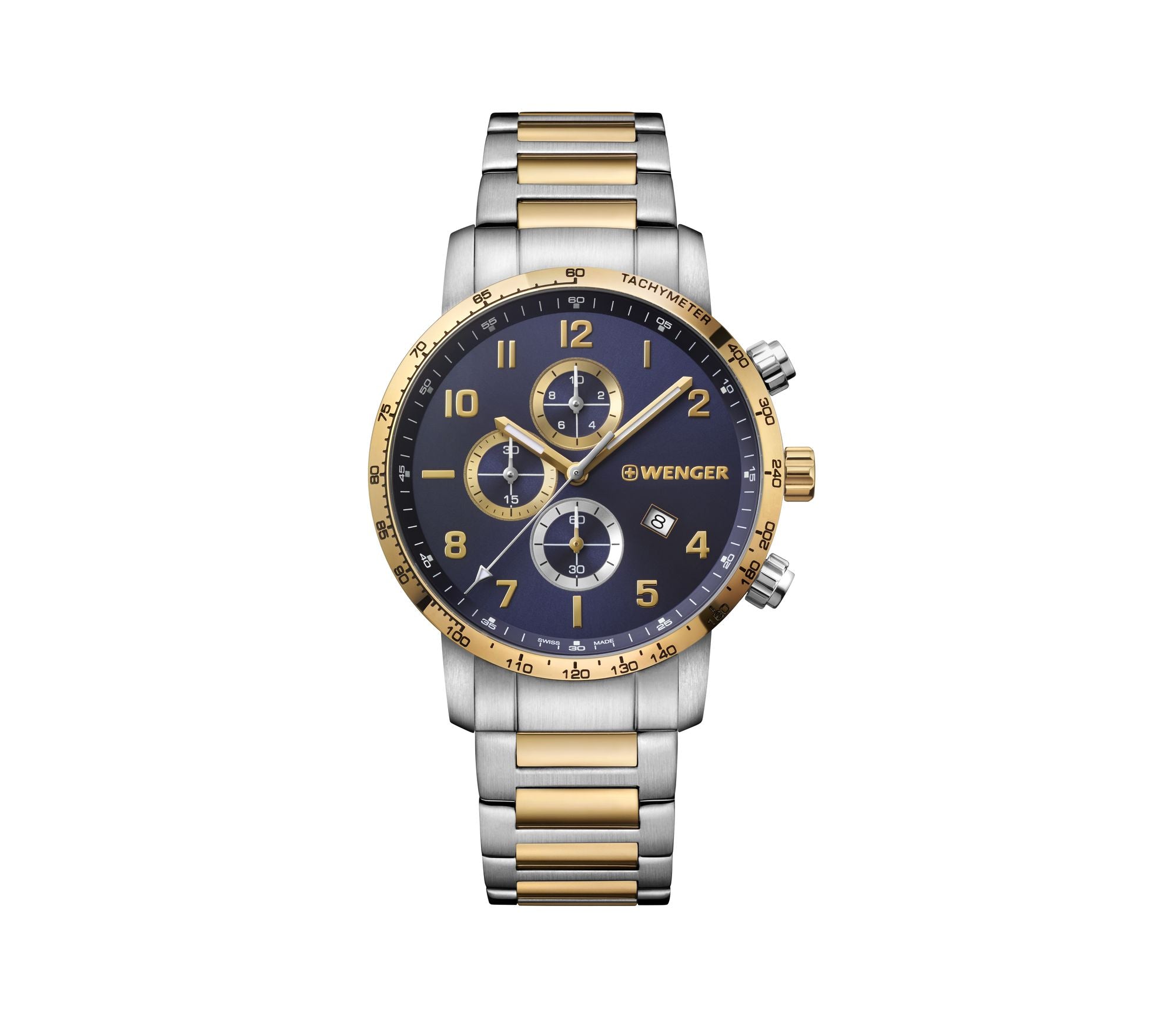 Wenger chronograph wristwatch with a blue dial and two-tone silver and gold bracelet.