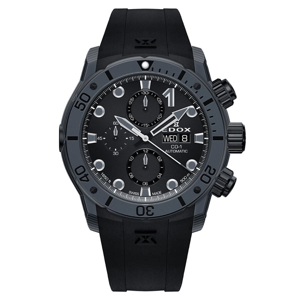 Black sports watch with a chronograph dial and rubber strap.