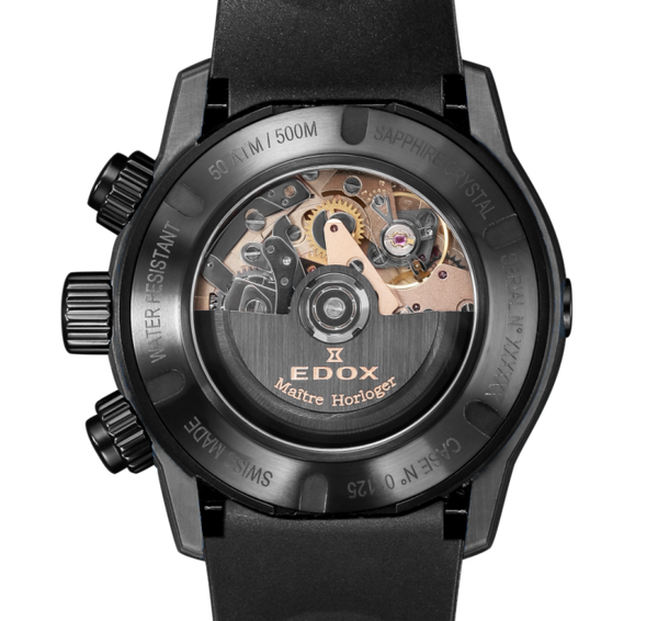 Back of a luxury mechanical wristwatch showing its intricate movement through a transparent case back.