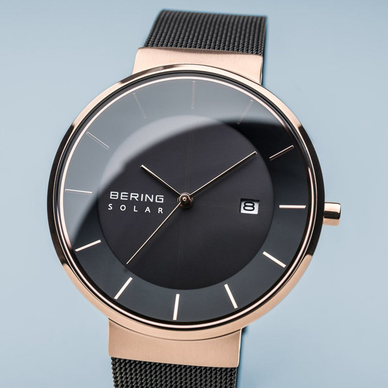 Bering Solar Polised Rose Gold Black Mesh Watch