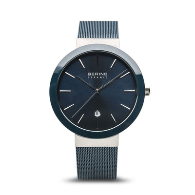 Bering Ceramic Polished Silver Navy Blue Watch