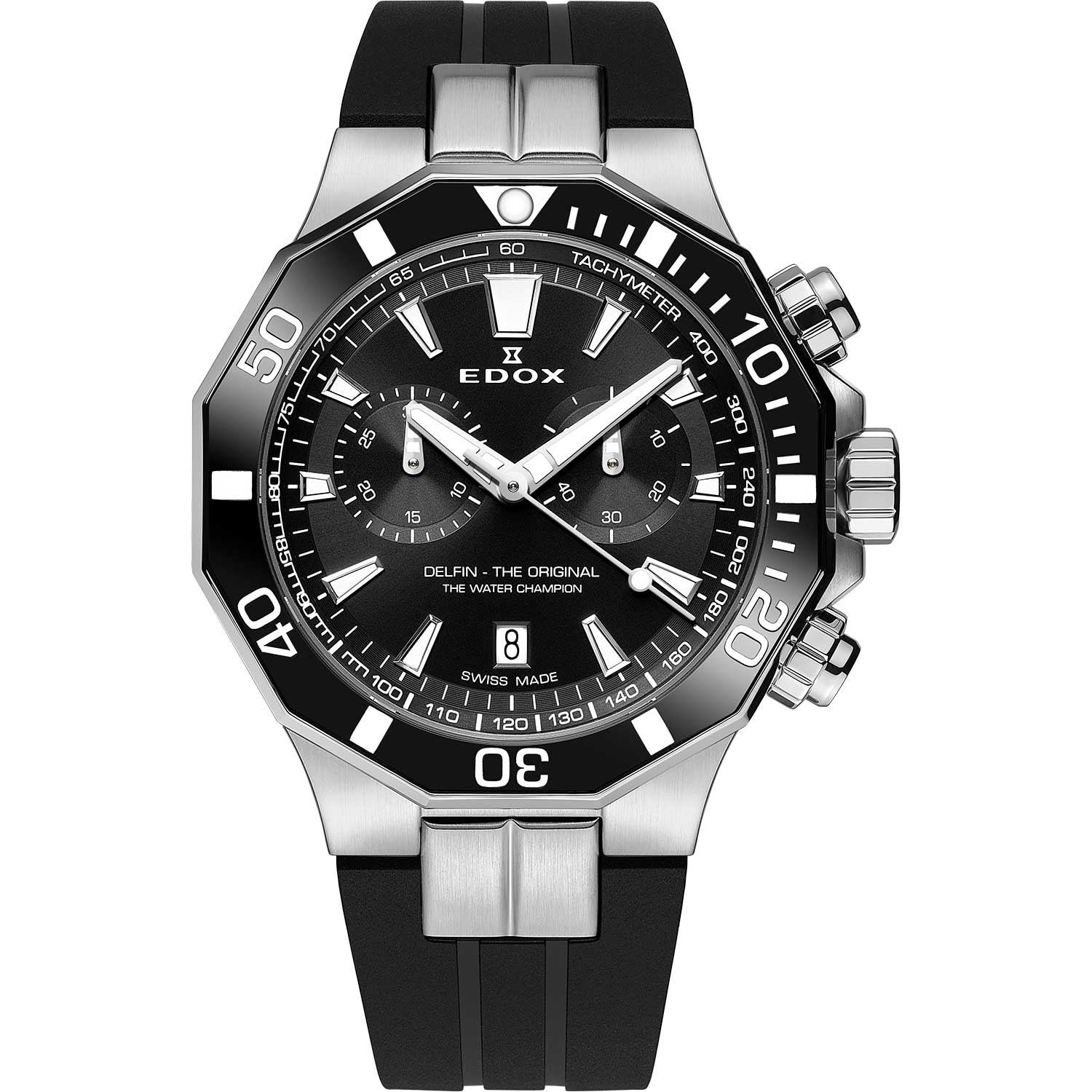 Luxury diving chronograph wristwatch with a black dial and rubber strap.