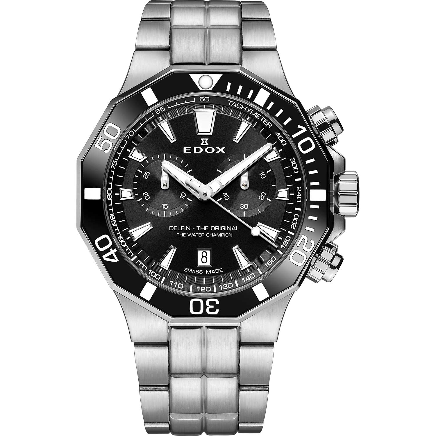Stainless steel chronograph wristwatch with a black dial and rotating bezel.