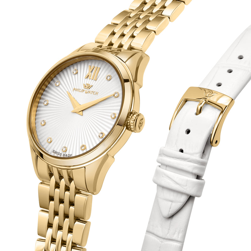 Philip Roma Gold Watch with Interchangeable White Strap