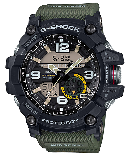 G-Shock watch with a green strap and complex digital-analog display.