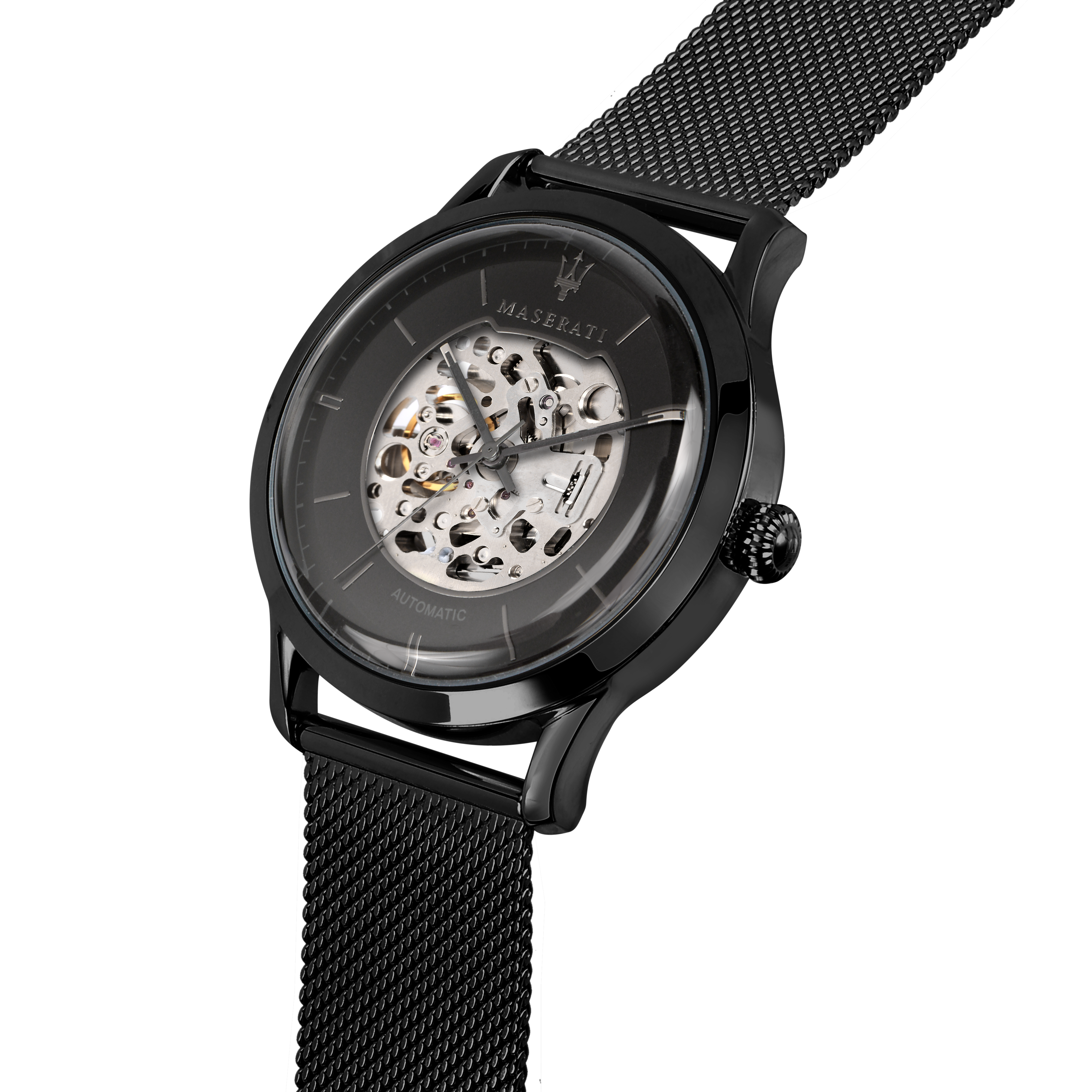 Black wristwatch with a visible skeleton mechanism and mesh metal band.