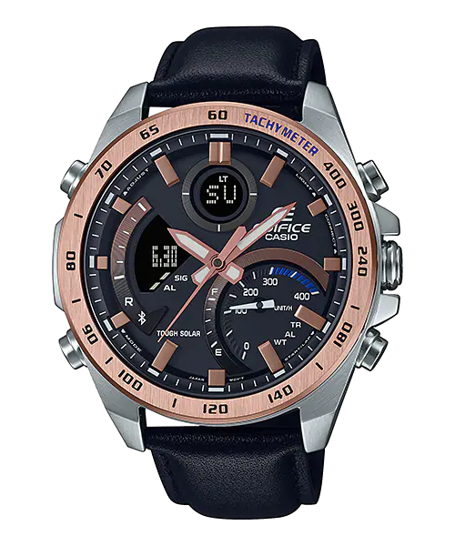 Casio Edifice wristwatch with a black leather strap and rose gold accents on the bezel.