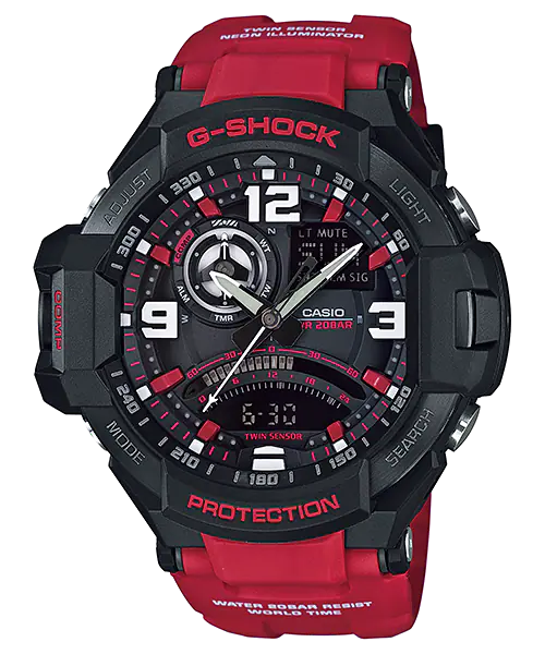 G-Shock wristwatch with a black face and red accents on a red band.