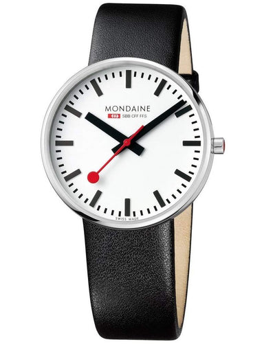 Sleek wristwatch with a white face, black leather strap, and red second hand.