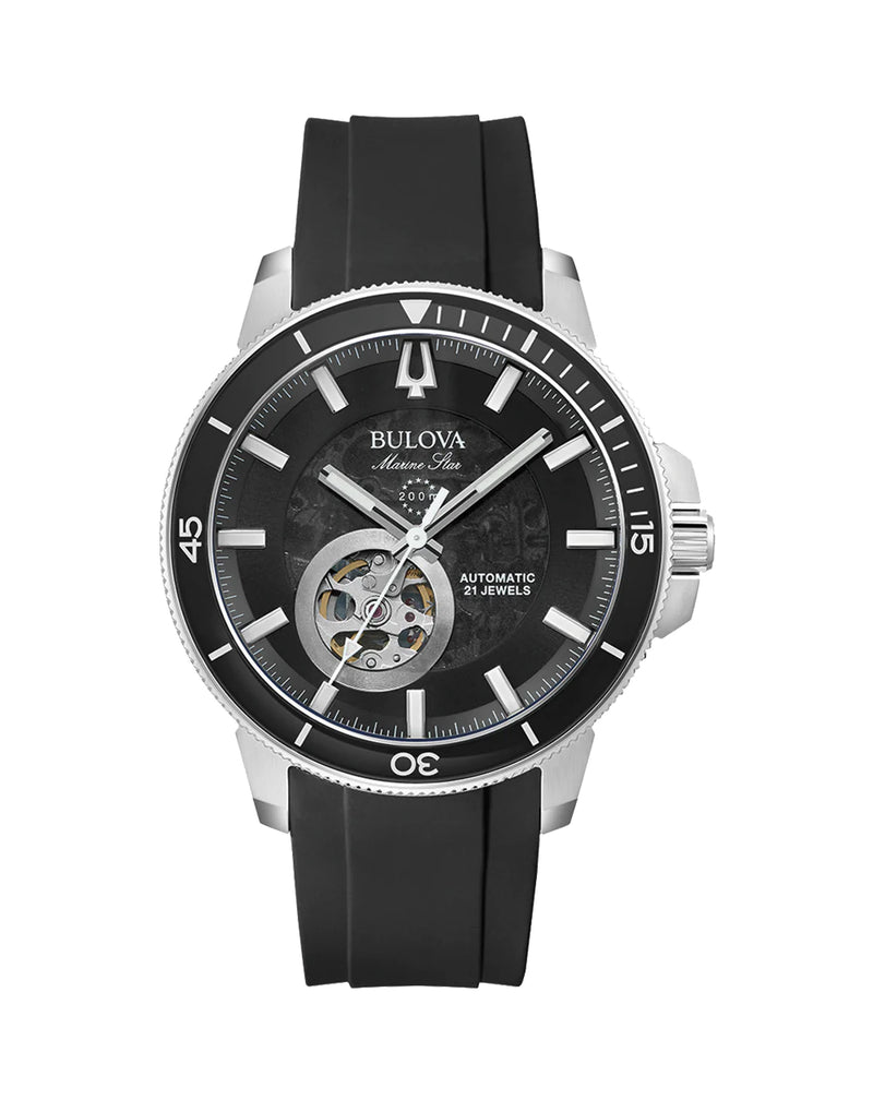 Bulova wristwatch with a black dial and rubber strap.