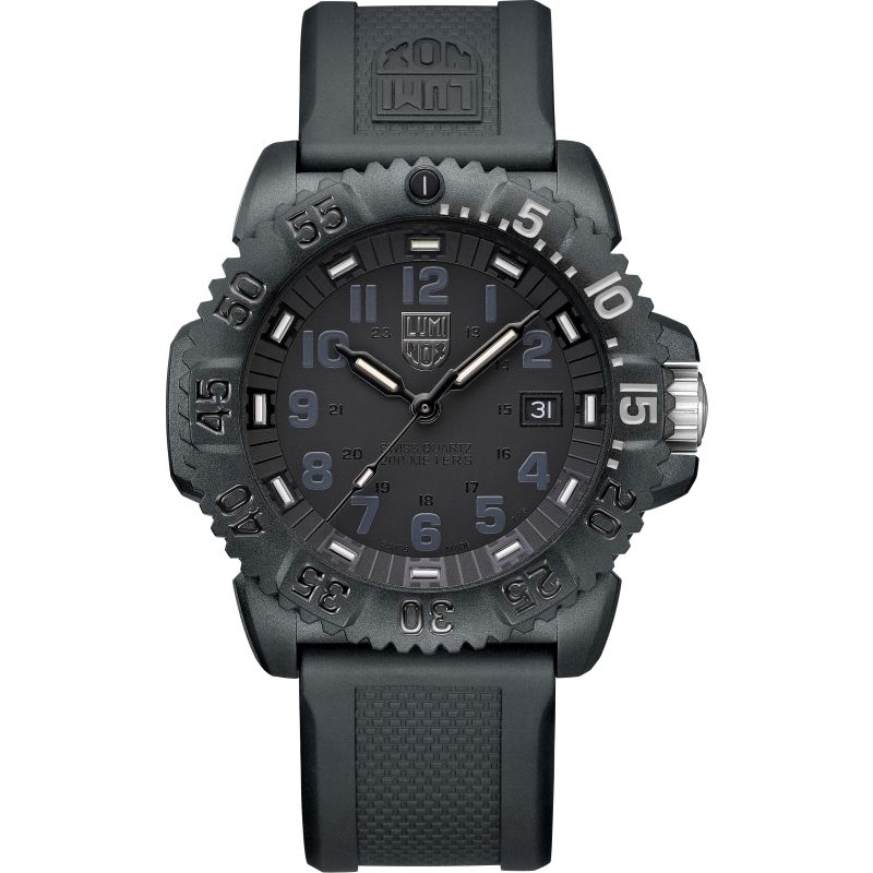 Black tactical wristwatch with luminous markings and a rugged design.