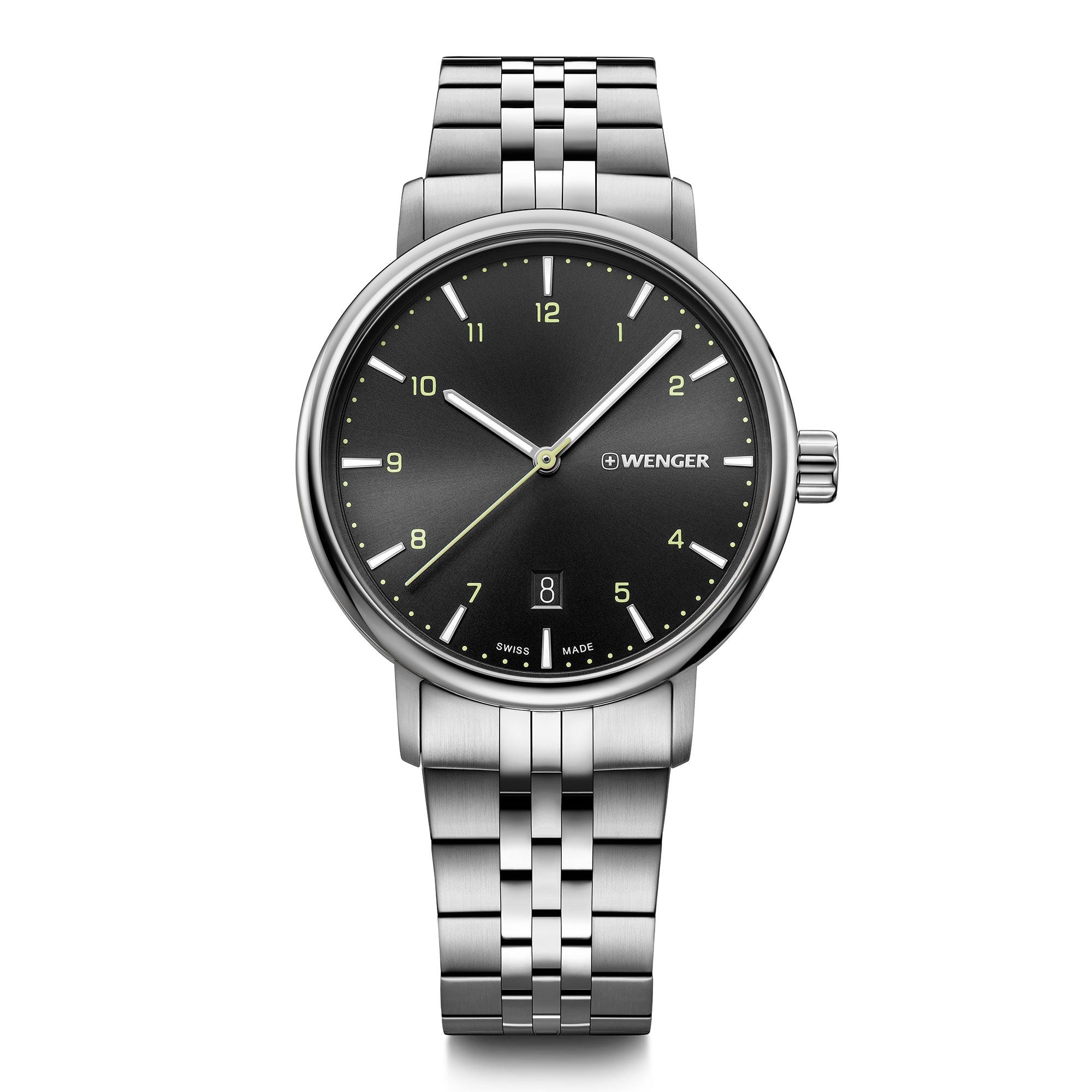 Stainless steel wristwatch with a black dial and silver-toned bracelet.