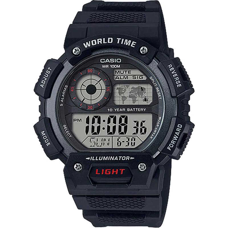 Rugged black Casio digital watch with multiple display features and a ’World Time’ label.