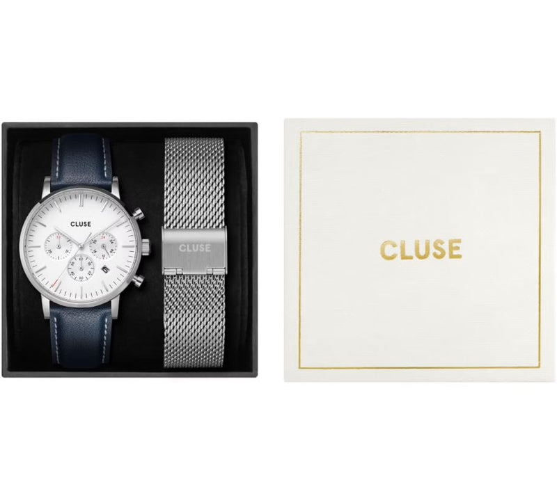 CLUSE Gift Set Aravis Chrono Silver/ Blue Leather and Silver Mesh Strap CG21004