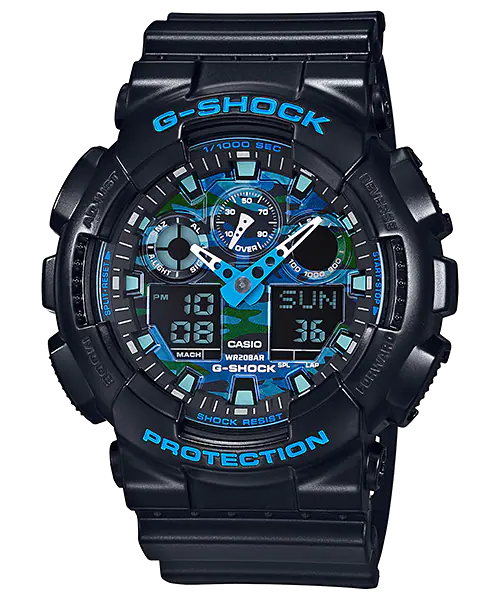 G-Shock digital wristwatch with a black case and blue accents on the face.