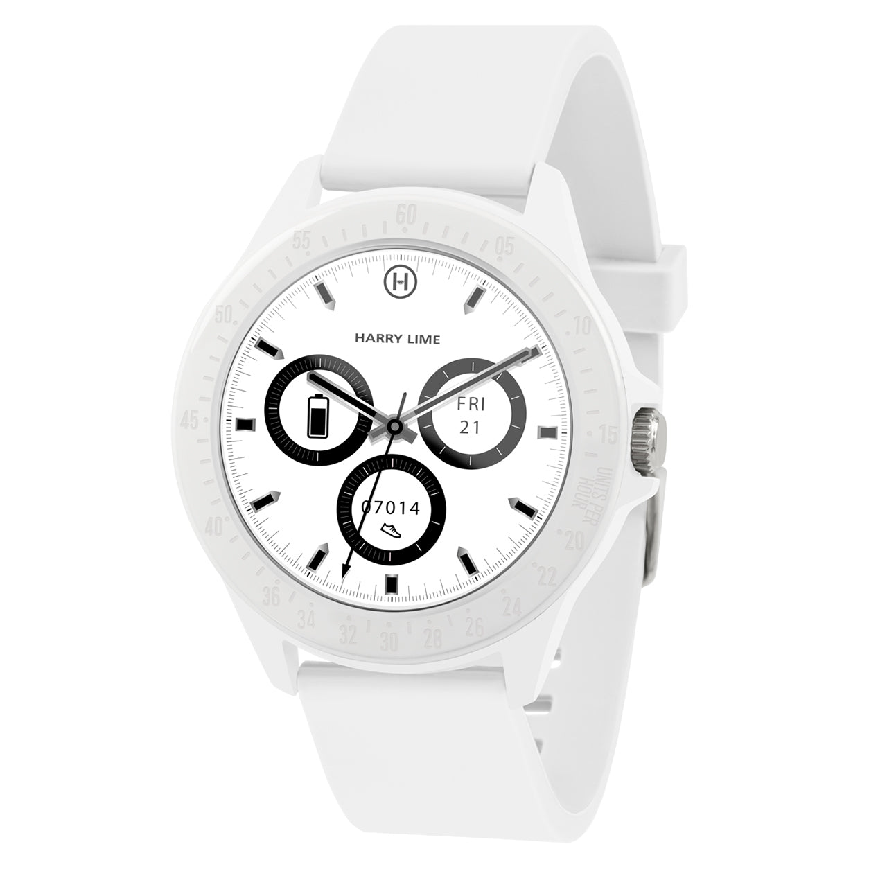 White wristwatch with a round face displaying day, date, and month indicators.