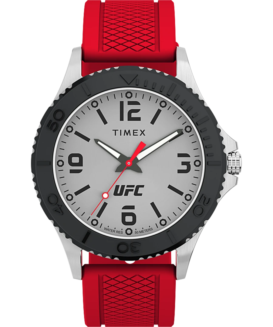 Timex wristwatch with a red strap and UFC branding on the dial.