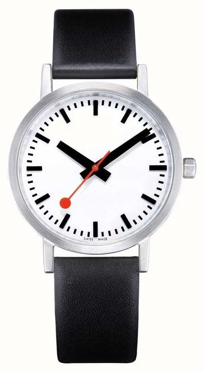 Analog wristwatch with a white face and black leather strap.