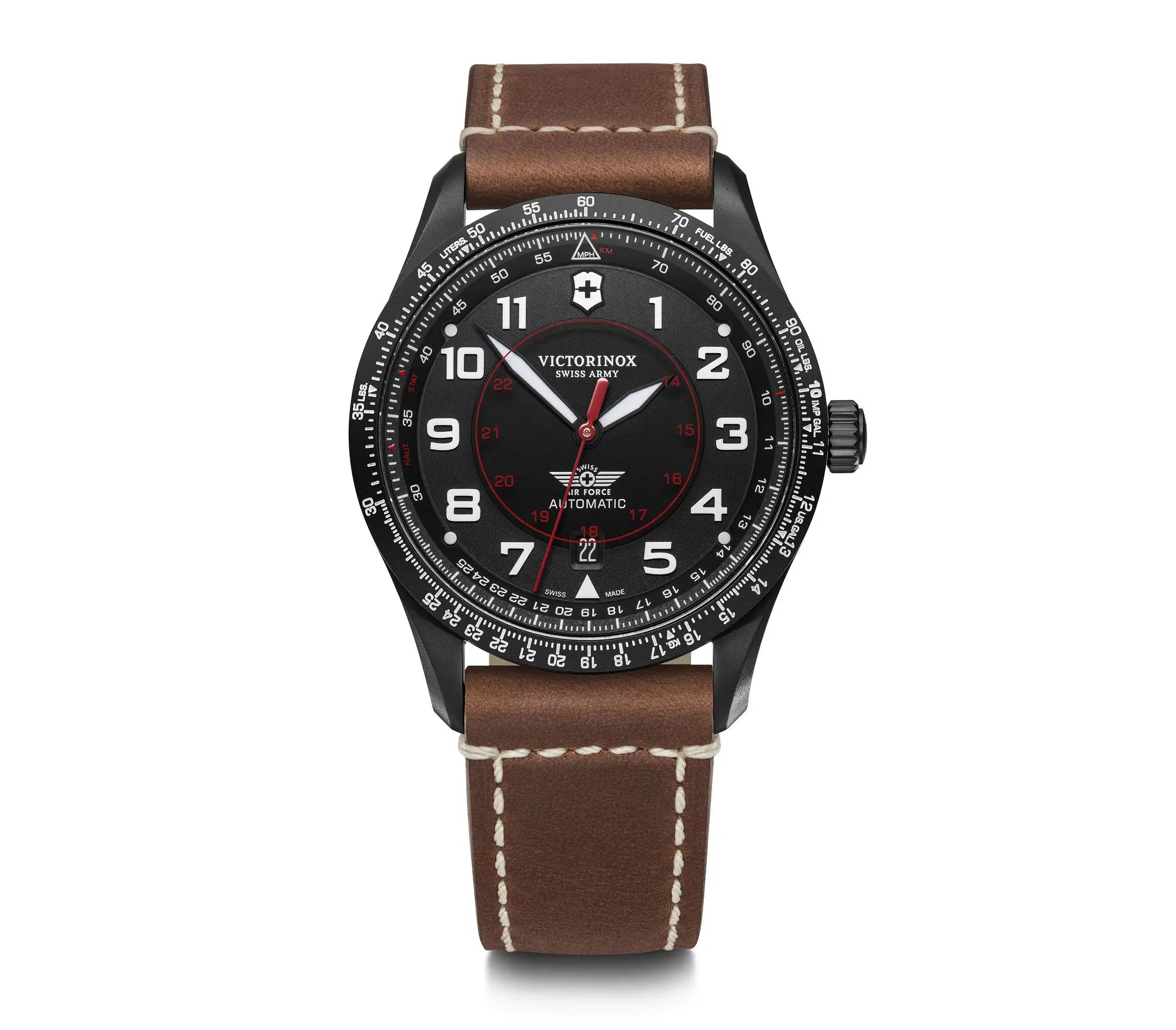 Wristwatch with a black dial, brown leather strap, and tachymeter bezel.