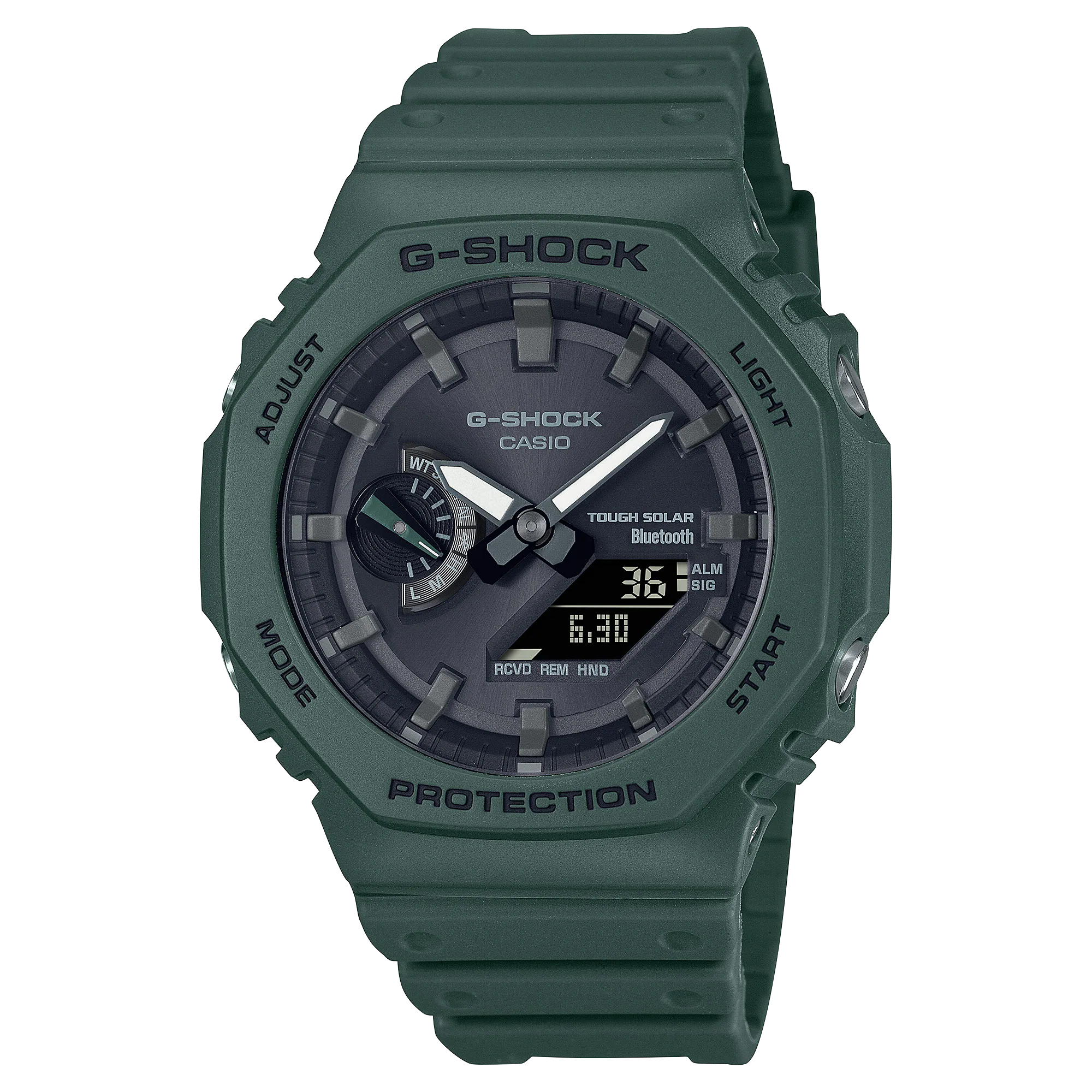 Green G-Shock digital wristwatch with a round face and rugged design.