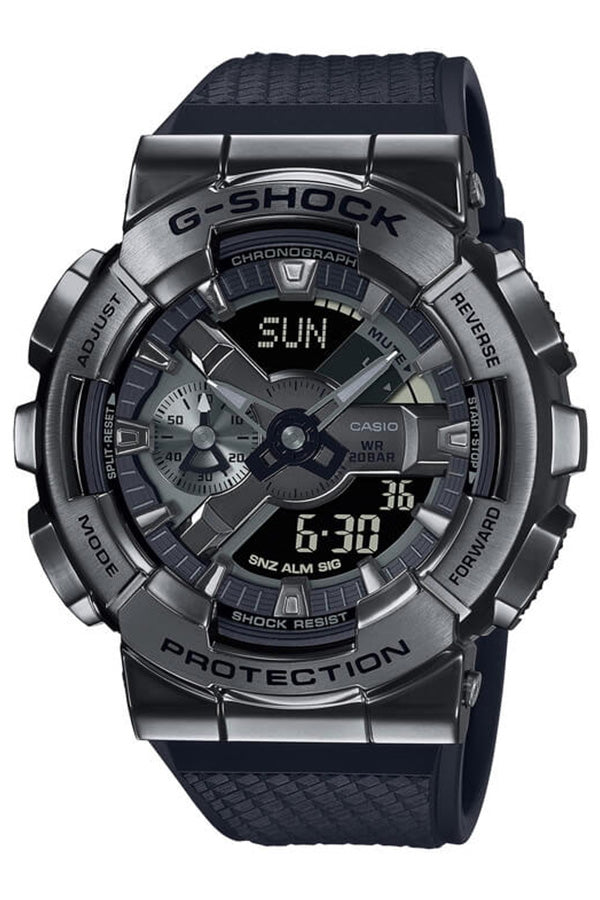 Rugged black and gray G-Shock wristwatch with multiple digital displays and a textured band.