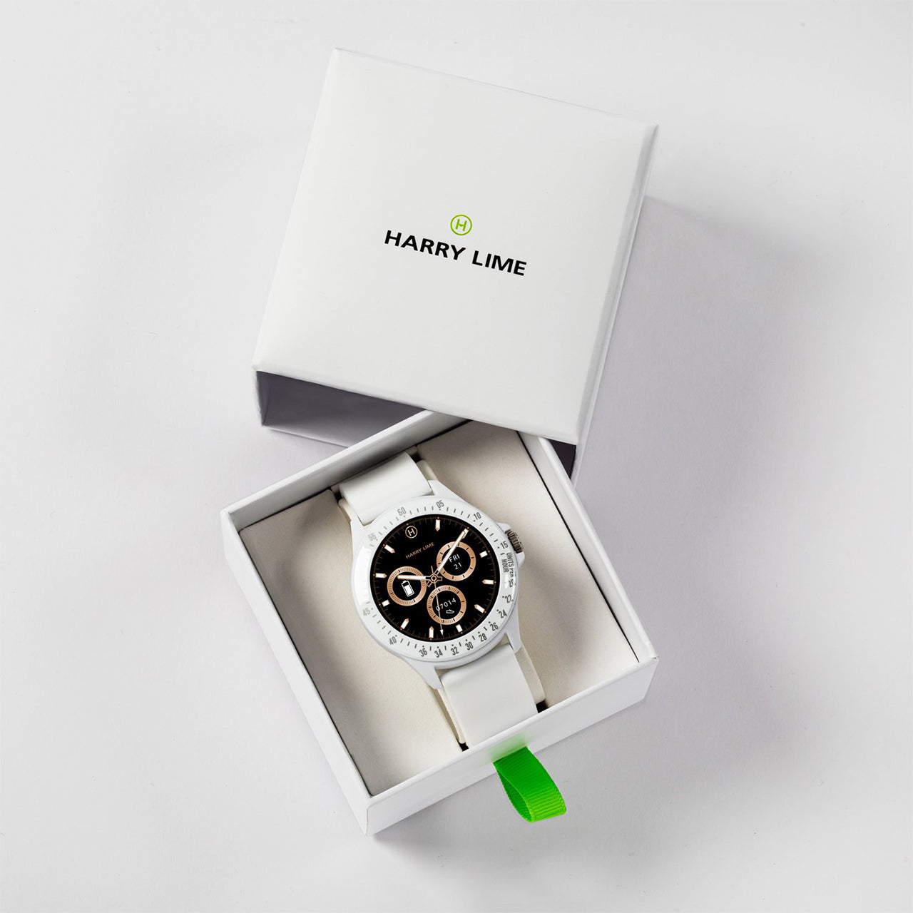 Wristwatch with a black face and silver bezel in a white gift box.