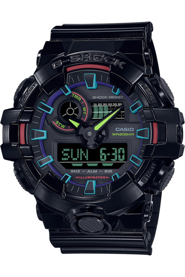 Black G-Shock digital watch with colorful display elements.