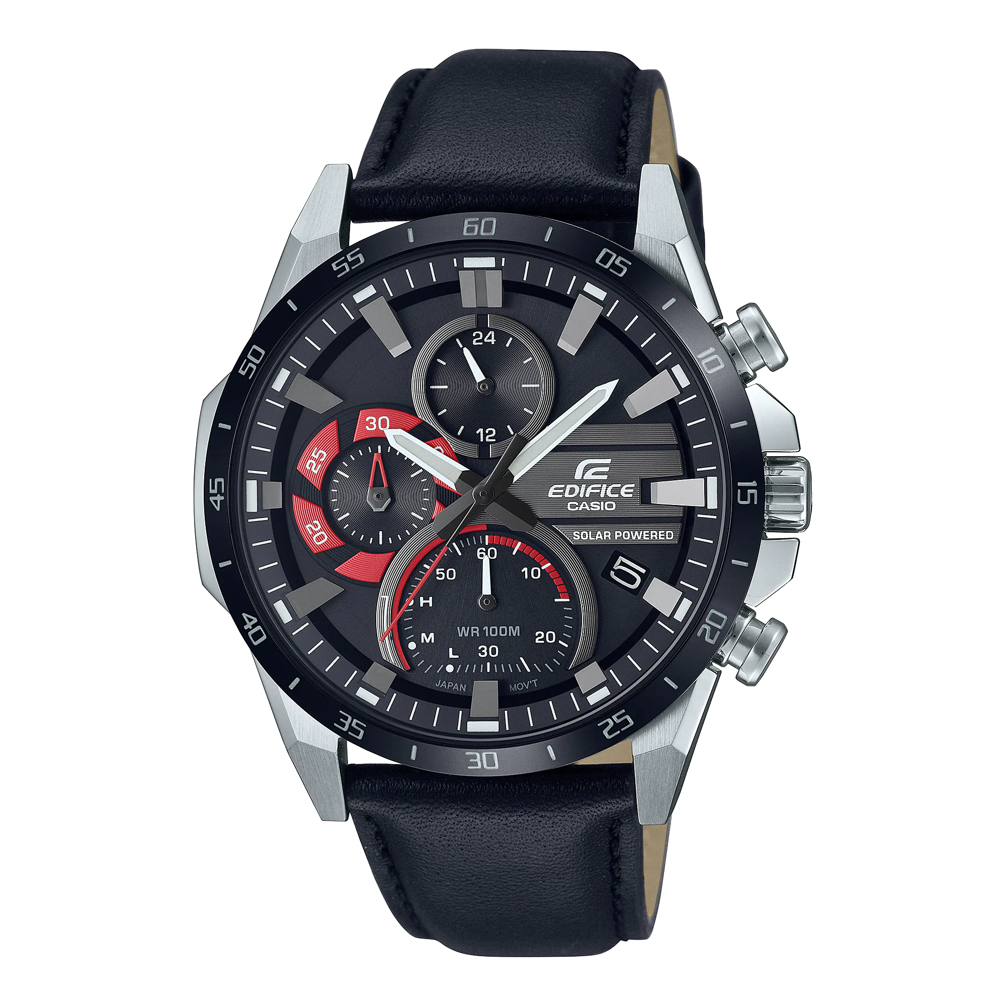 Casio Edifice chronograph wristwatch with a black leather strap and silver case.