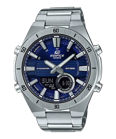 Stainless steel Casio Edifice wristwatch with a blue dial and digital subdial.