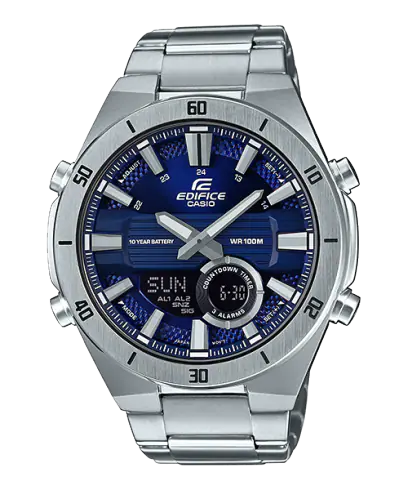 Stainless steel Casio Edifice wristwatch with a blue dial and digital subdial.