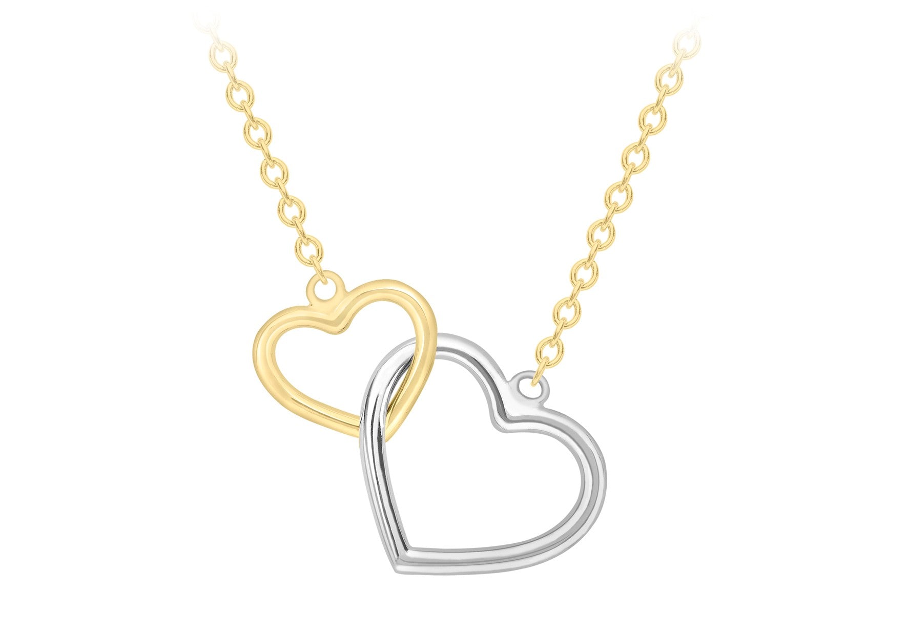 9K Yellow and White Gold Two Tone Linked Hearts Pendant Necklace