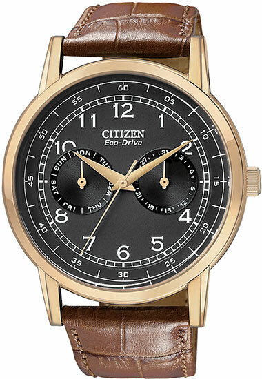 Citizen Eco-Drive Rose-Gold Tone Case Leather Strap Mens Watch