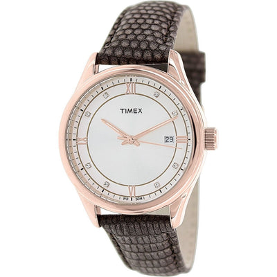 Timex Classic Brown Leather Quartz With Silver Dial Womens Watch T2P558