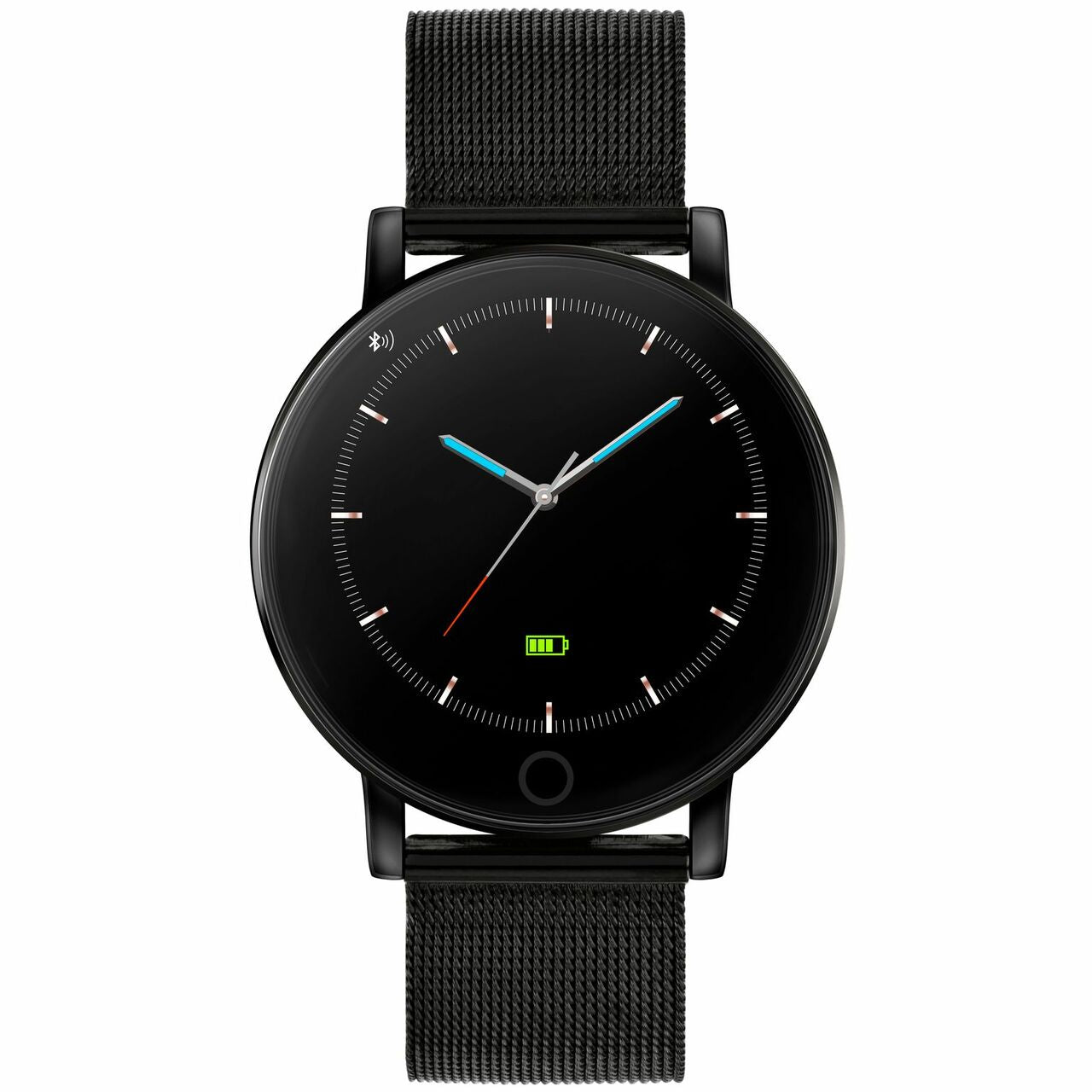 Sleek black smartwatch with a round face and mesh metal band.