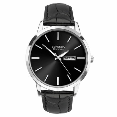 Elegant wristwatch with a black leather strap and round silver case featuring a black dial.