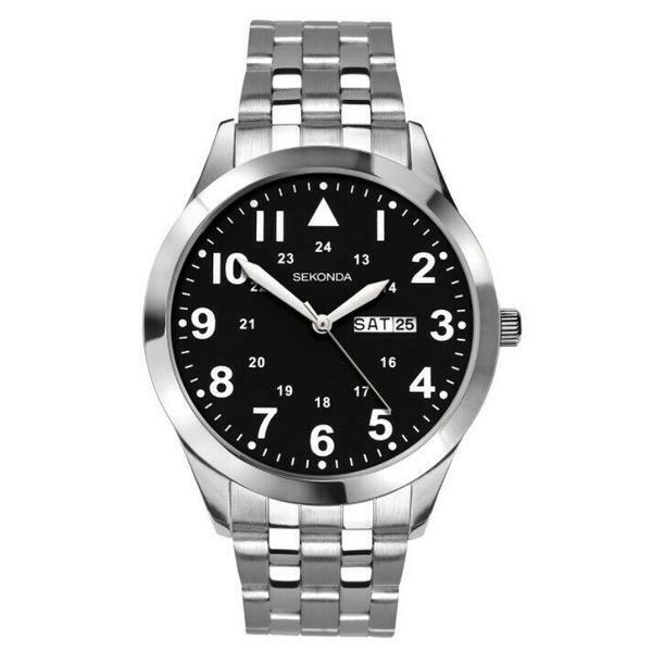 Stainless steel wristwatch with a black dial and Arabic numeral hour markers.