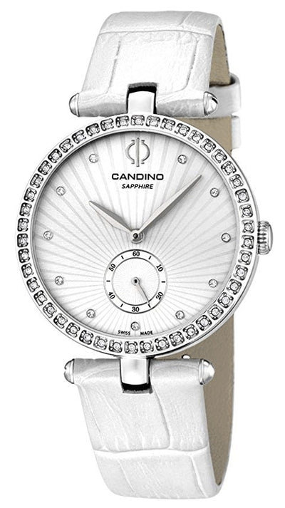 Candino White Dial and White Leather Strap Womens Watch