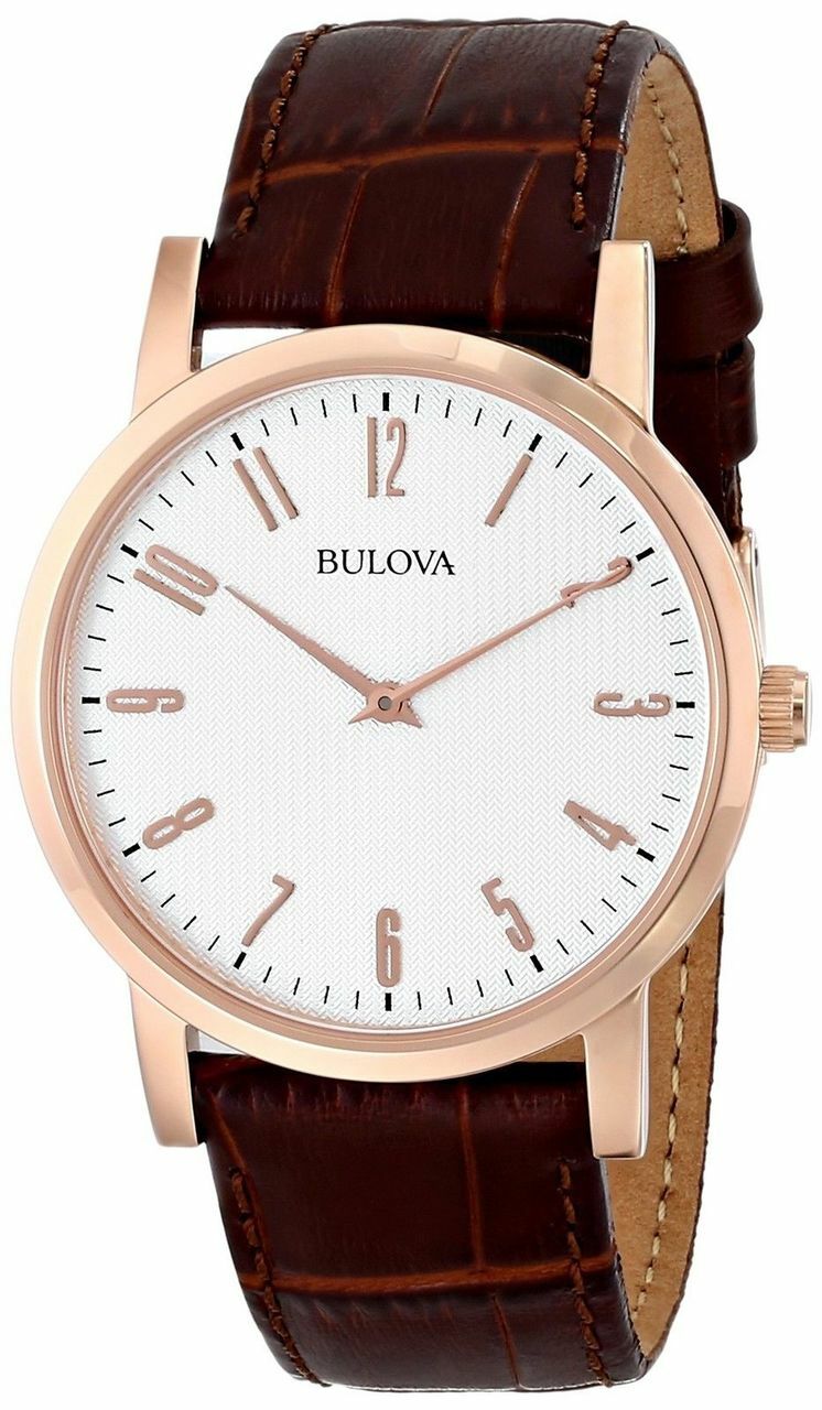 Bulova White Dial Rose Gold-Tone Brown Leather Mens Watch
